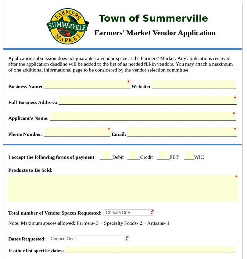 Farmers' Market Vendor Application in Summerville SeamlessGov Top Forms